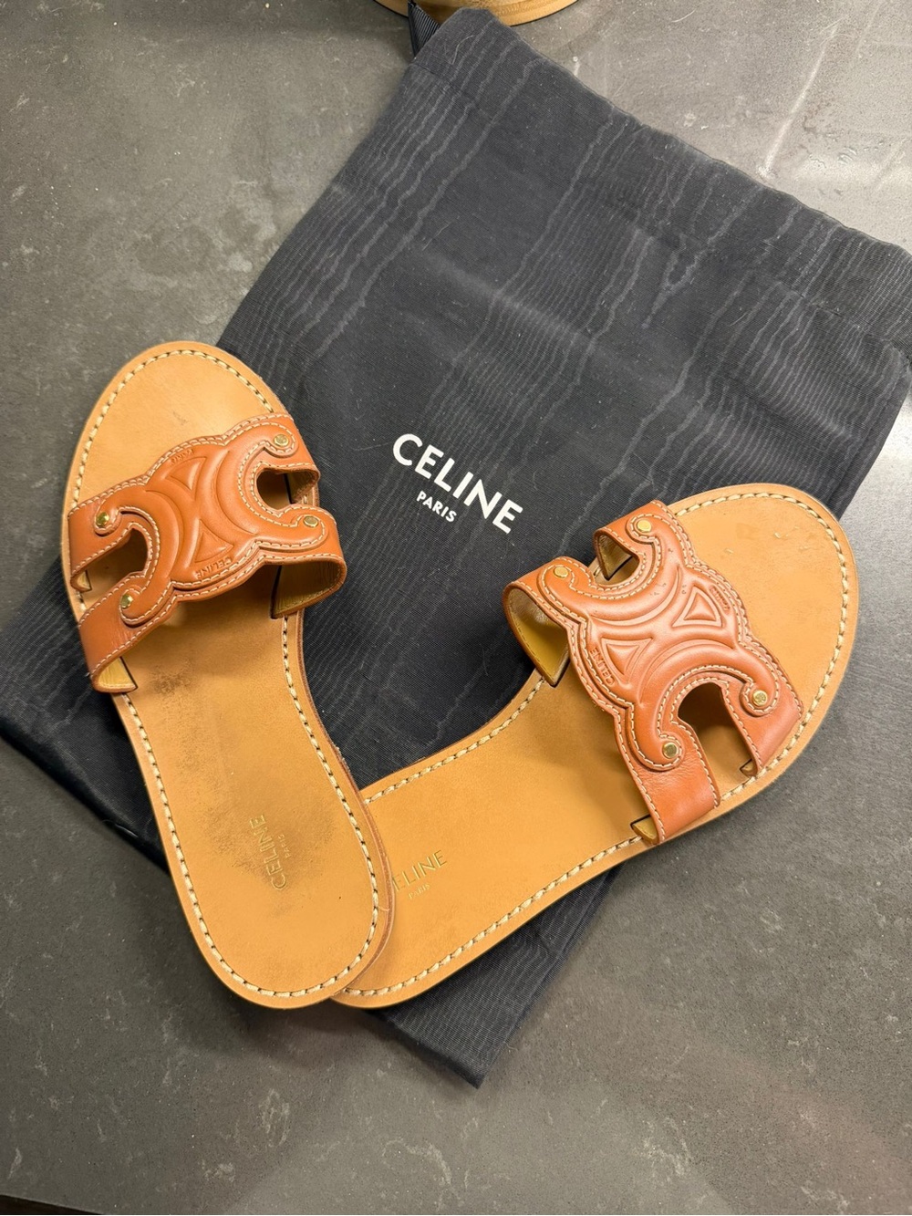 Celine Brown Leather Cutout Slide Sandals